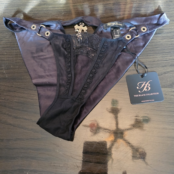 Honey Birdette Other - Honey Birdette Black Lace Panties With Cross Charm On Back Nwt